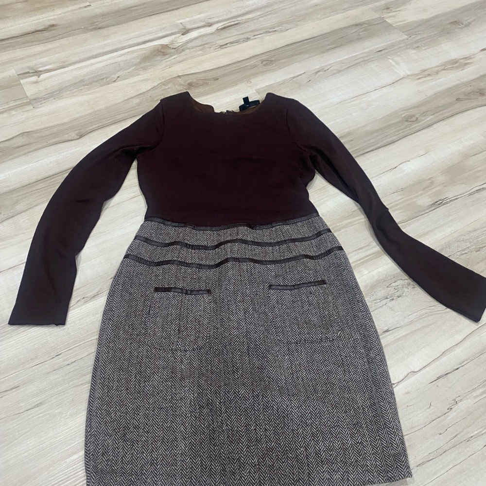 Double Zero Burgundy Tweed Dress Small Long Sleeve Fit & Flare Herringbone 0257